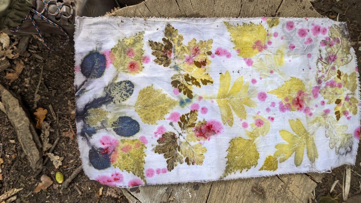 Eco-printed fabric made by pressing leaves and flowers onto cloth