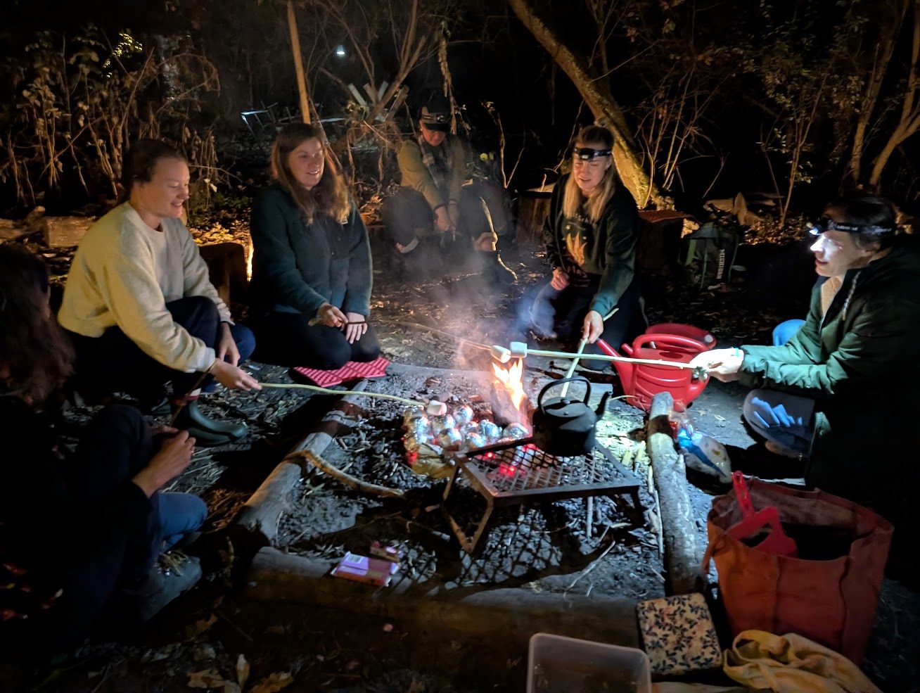 A group round the campfire at Pudding Club, toasting marshmallows on sticks after dark