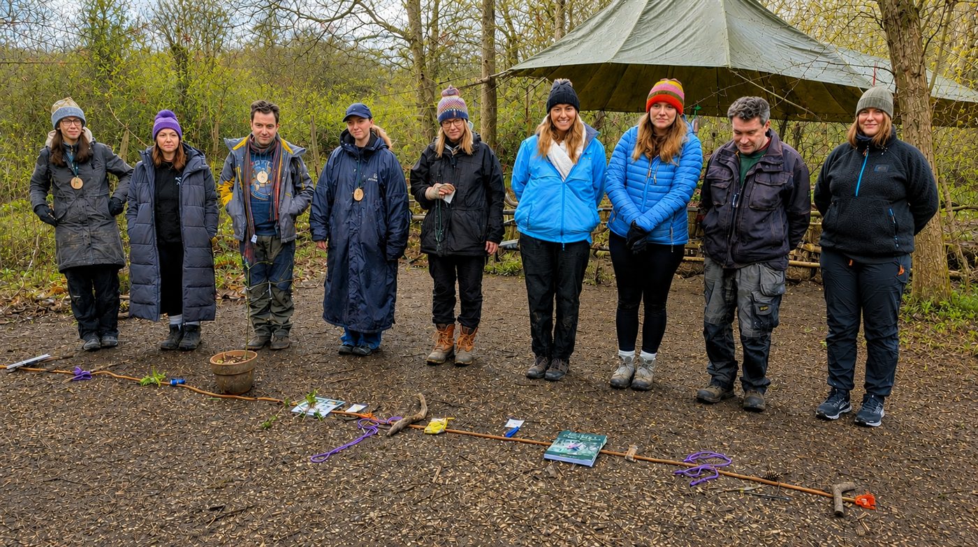 A Forest School leader training group together at the woodland training site