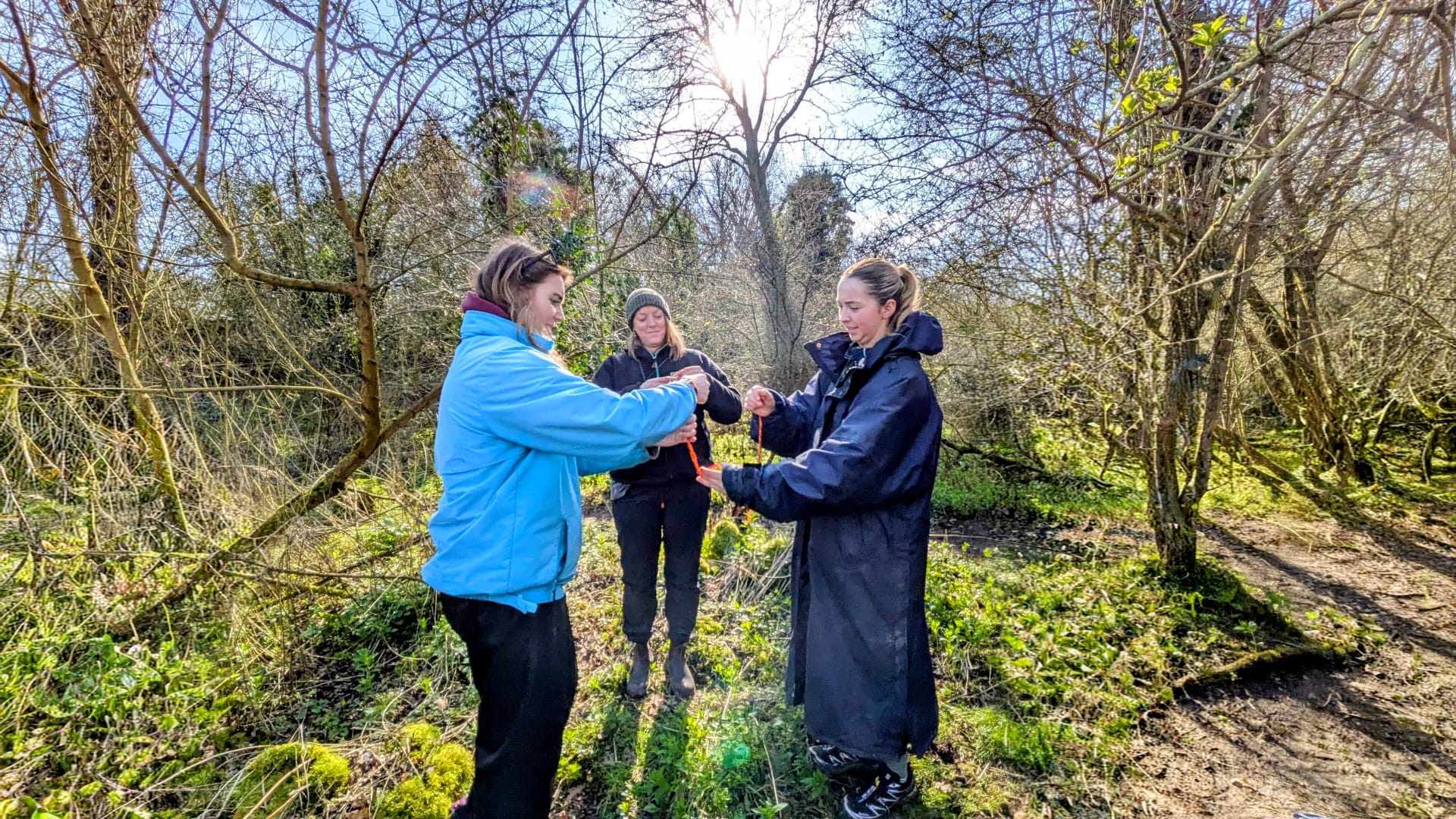 Trainees practising knots together in the sunny woodland